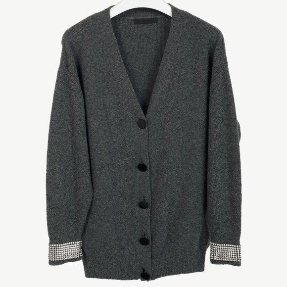 Alexander Wang Charcoal Wool-Blend Crystal-Cuff Cardigan - Picture 1 of 9